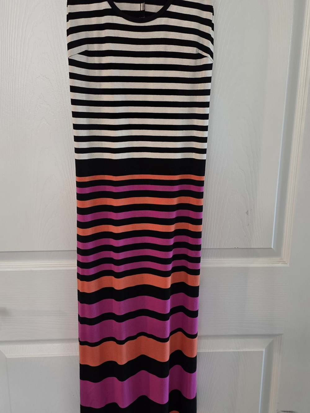 Trina Turk Black, White, Orange & Pink Striped Racer Back Maxi Dress. Size 0
